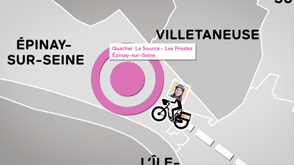 A person riding a bike on a street with a pink circle on the map.

Contenu généré par l’IA